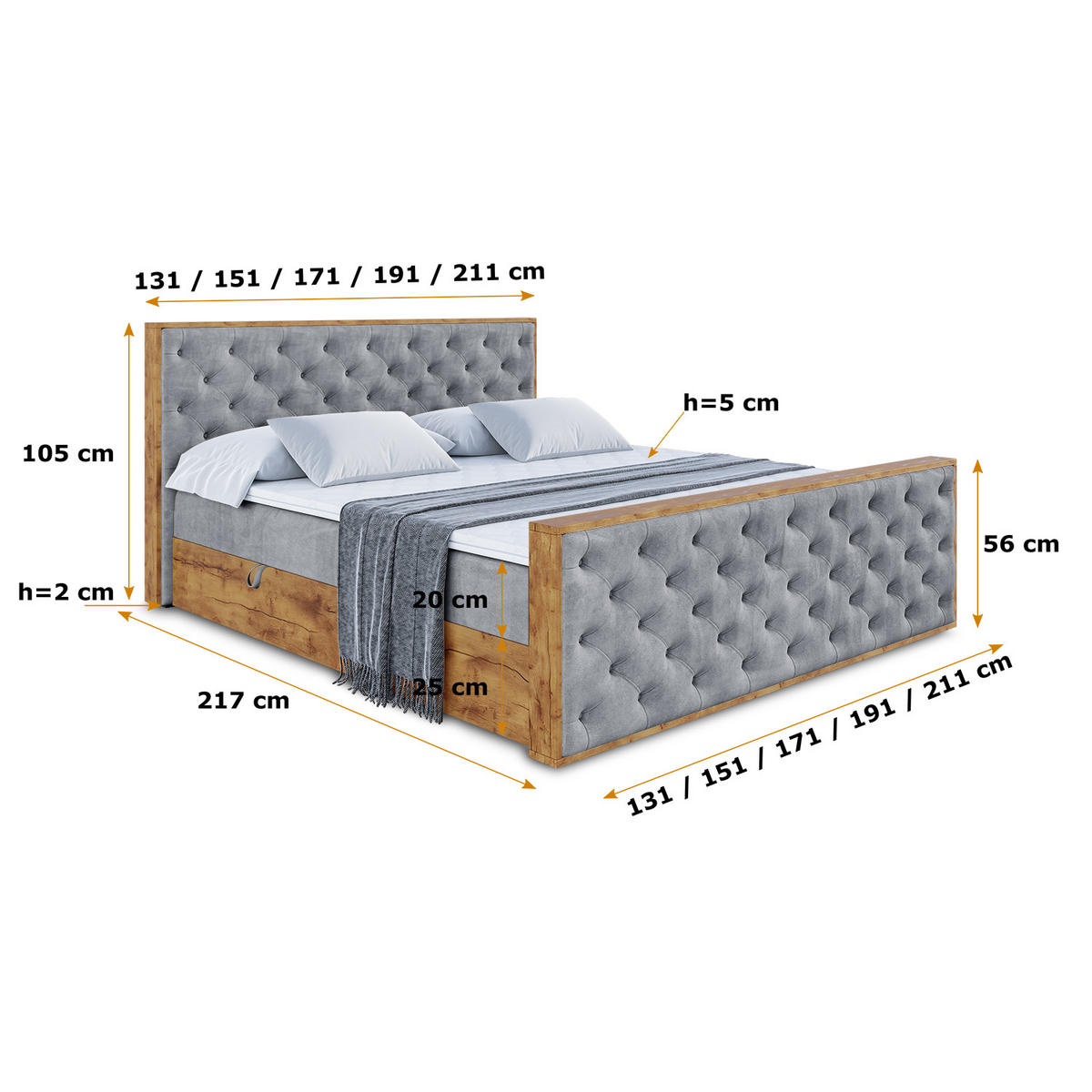 BOXBETT mit Matratze H4 und Lattenrost - LOLLI3-Z - 160x200 - Grau Casablanca - Grau, Holzwerkstoff (160/200cm) - ALTDECOR