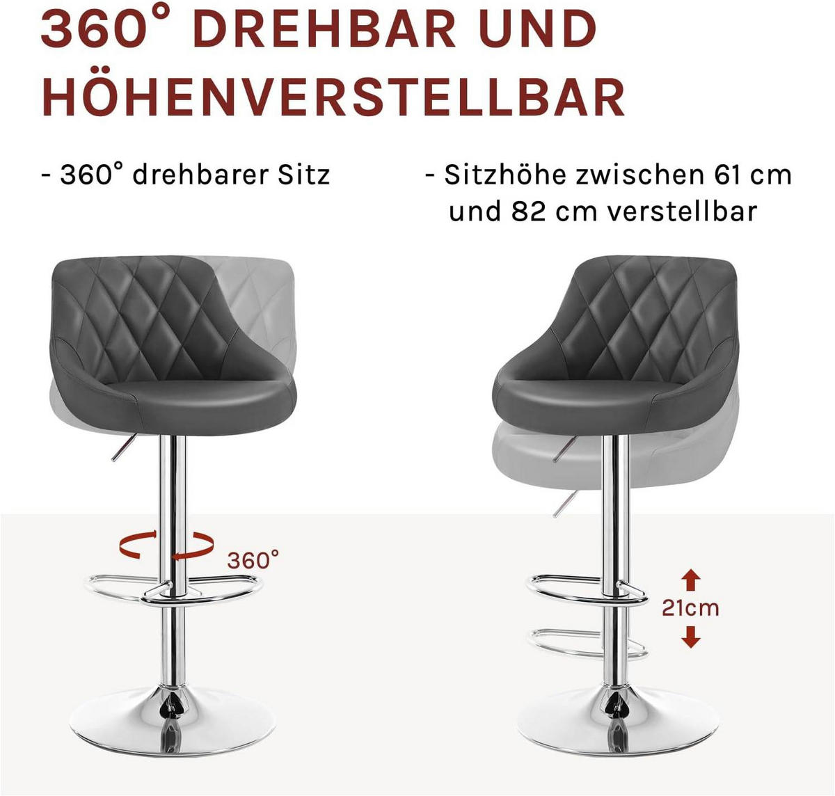 BARHOCKER 2er Set, Kunstleder,Höhenverstellbar, 360° Drehbar - Grau, Metall (47/104/39cm) - Woltu