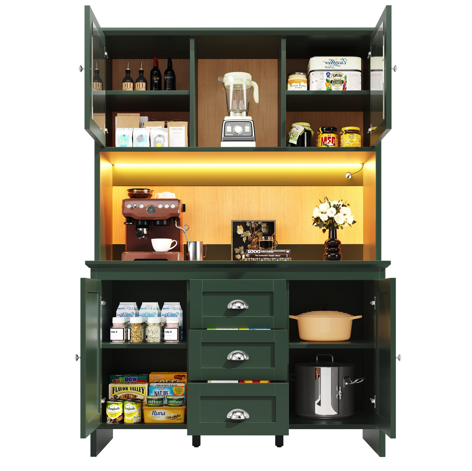 BUFFET 120/40/179 cm grün aus MDF mit LED-Beleuchtung - Grün, Holzwerkstoff (120/179/40cm) - OKWISH