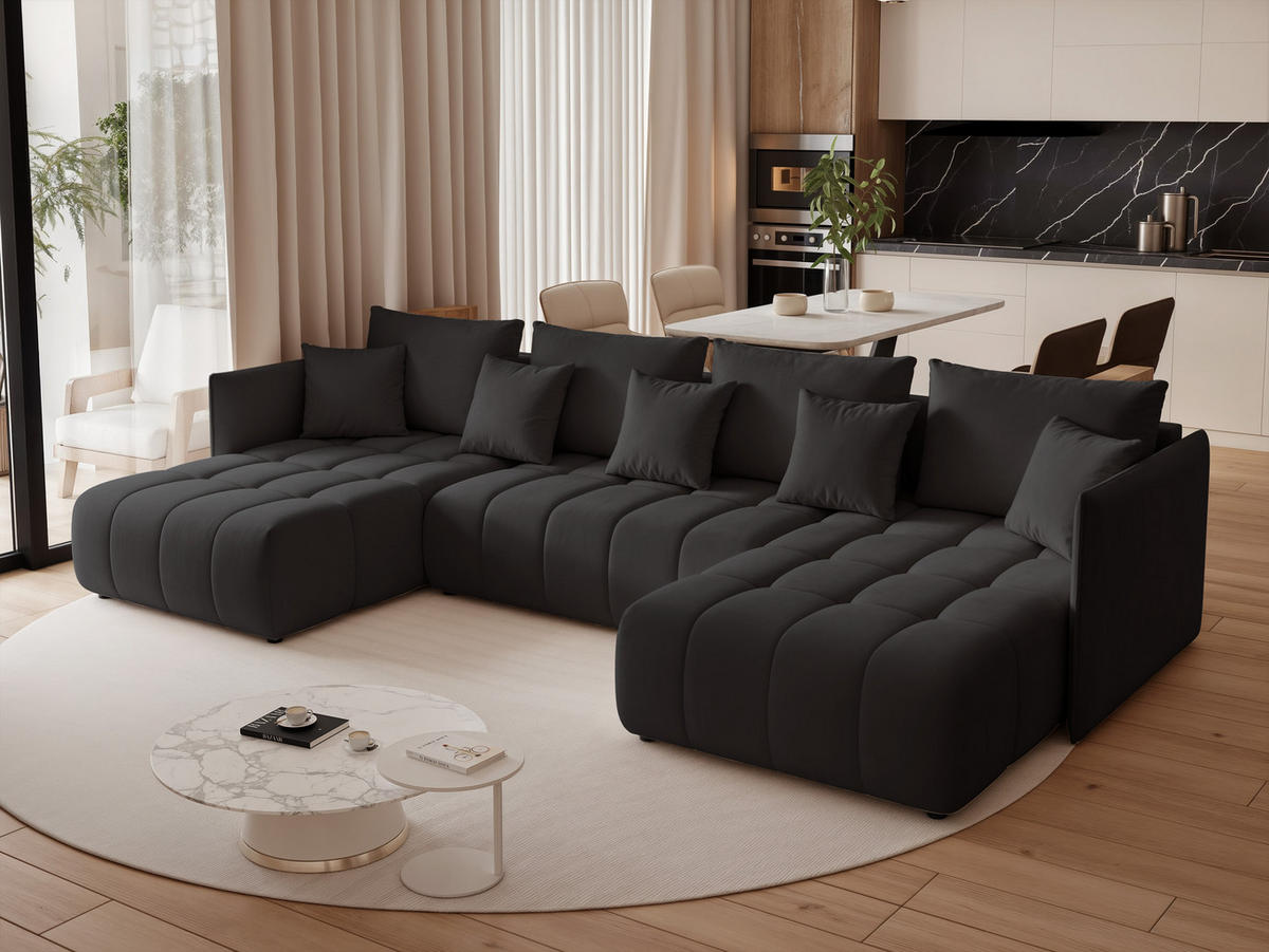 WOHNLANDSCHAFT OLIMPIA mit Schlaffunktion und Bettkasten Schwarz - Schwarz, Holzwerkstoff/Kunststoff (353/83/180cm) - Idohome