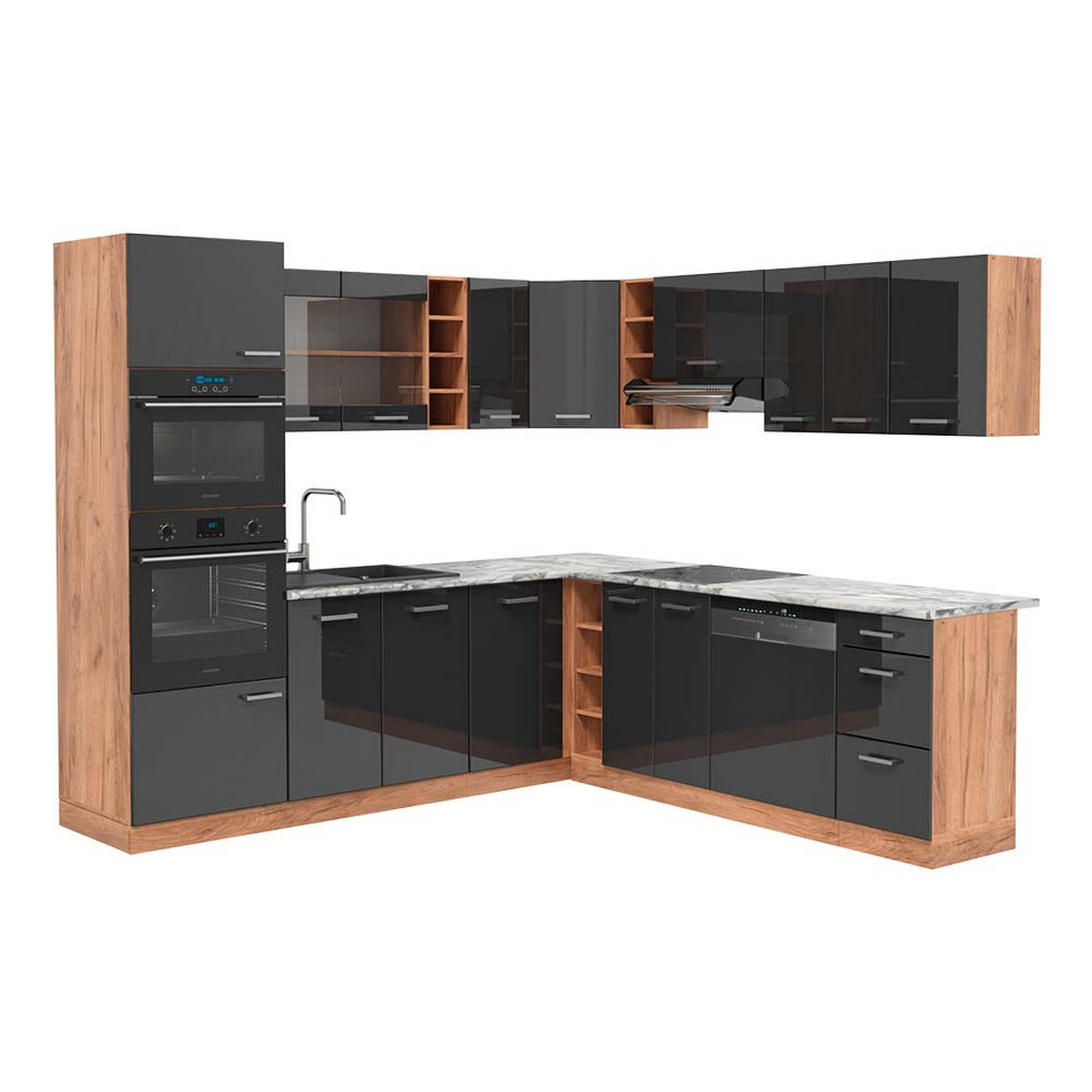 ECKKÜCHE R-Line Anthrazit Hochglanz/Goldkraft Eiche 237 x 247 cm AP Marmor - Honigeiche/Anthrazit, Holzwerkstoff (247/81.6/60cm) - Vicco