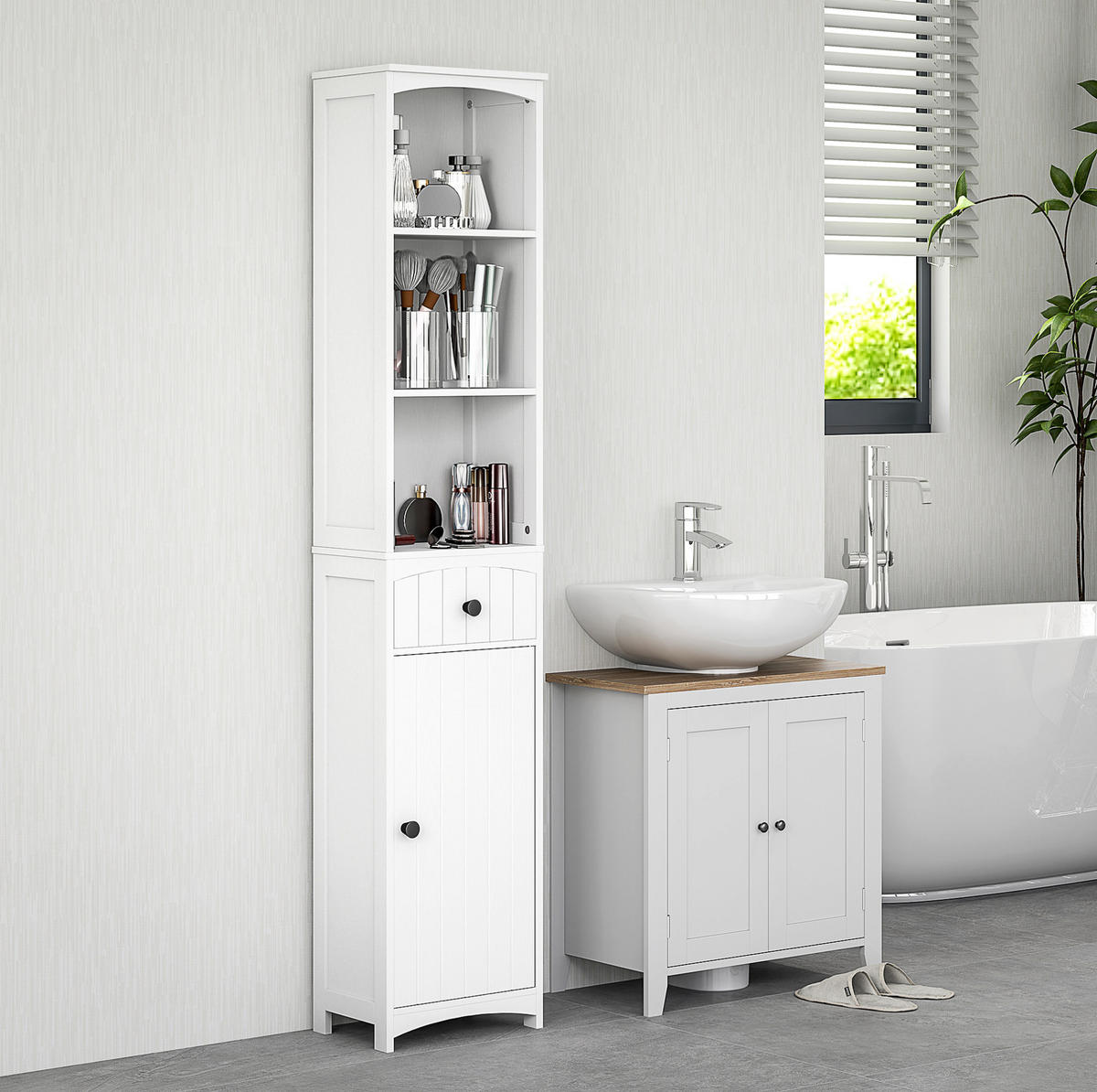 BADEZIMMERSCHRANK 34x24x170.5 cm Weiß aus Spanplatte mit Schrank, Schublade & 3 Regalen - Weiß, Holzwerkstoff (34/170.5/24cm) - Modfu