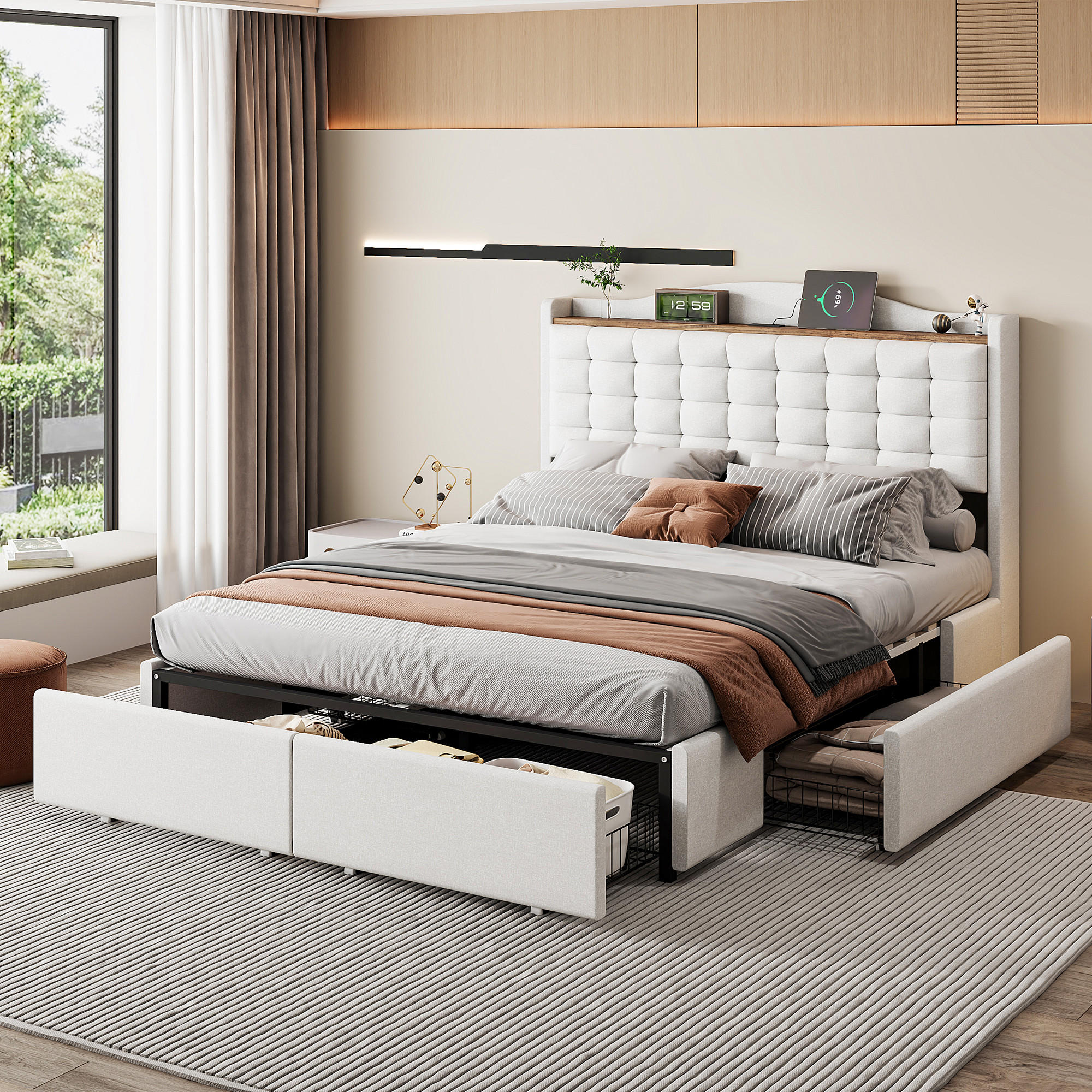 BETT beige 200/146/110 cm - Beige, Textil/Metall (140/200cm) - Urban Meuble