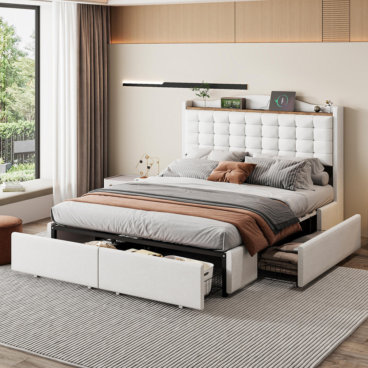 BETT beige 200/146/110 cm - Beige, Textil/Metall (140/200cm) - Urban Meuble
