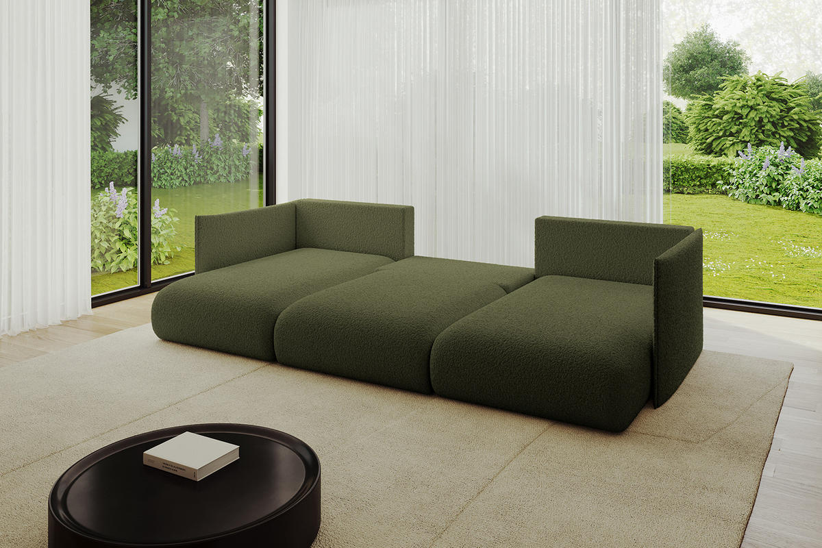 WOHNLANDSCHAFT mit Schlaffunktion und Bettkasten ONESK-U 304x165x40 Grün Bouclé - Grün, Holzwerkstoff/Kunststoff (304/90/165cm) - ALTDECOR