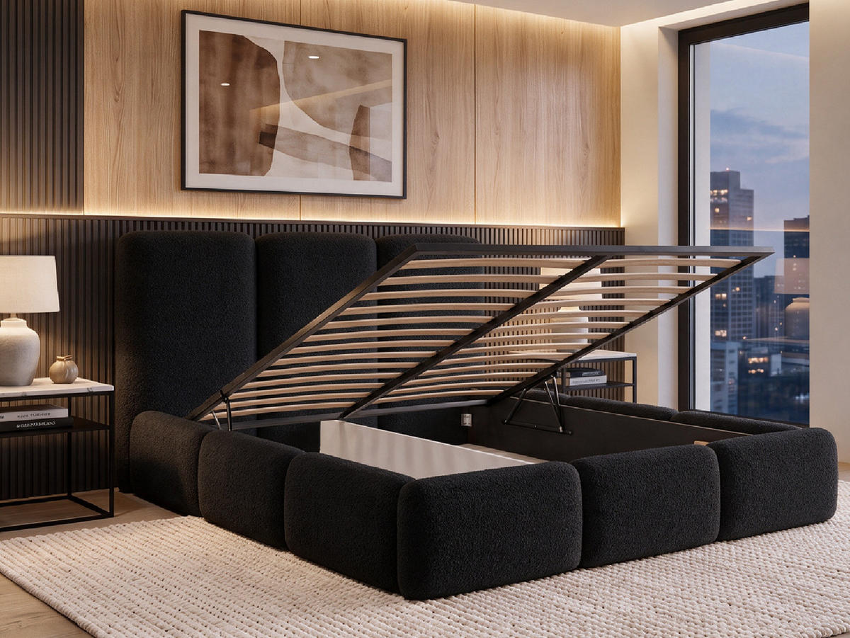 POLSTERBETT VARDO 180x200 cm mit Bettkasten, Stauraum und Metall-Lattenrost – Bouclé Stoff Schwarz - Schwarz, Textil/Metall (180/200cm) - Luxkor24