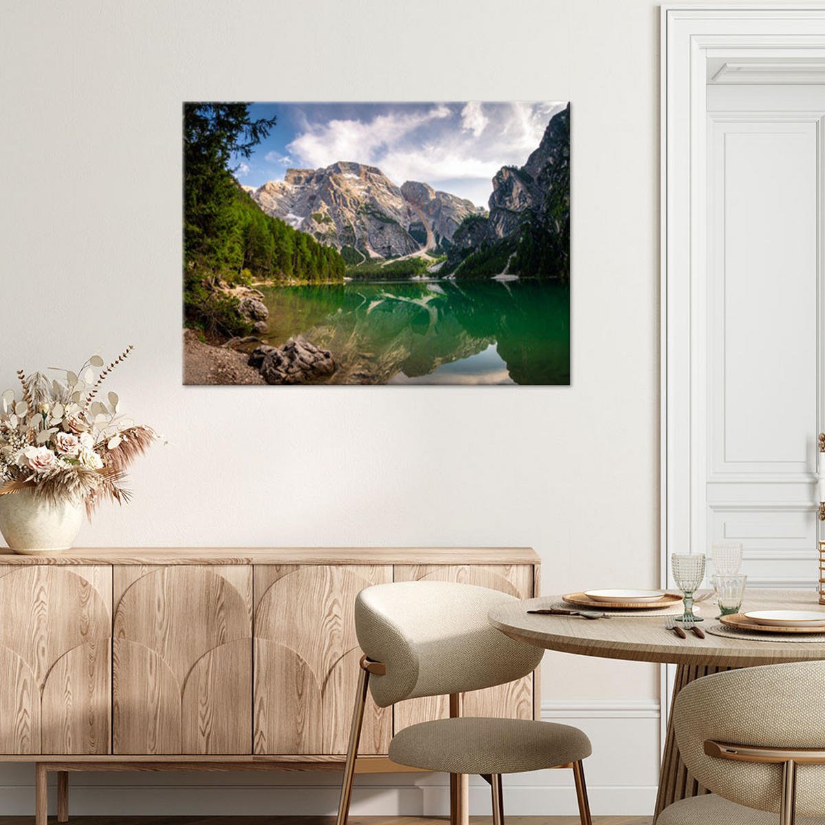 LEINWANDBILD Landschaft Aussicht Berge Wald See Natur 120x80cm - Grün, Textil (120/80cm) - Feeby