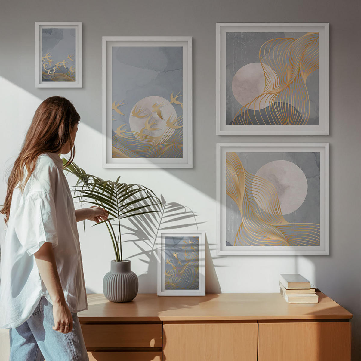 BILDER SET 5er Set - 50x50 cm & 20x30 cm & 40x60 cm Weißer Rahmen - Weiße Pferde - Weiß, Kunststoff (40/60cm) - TULUP