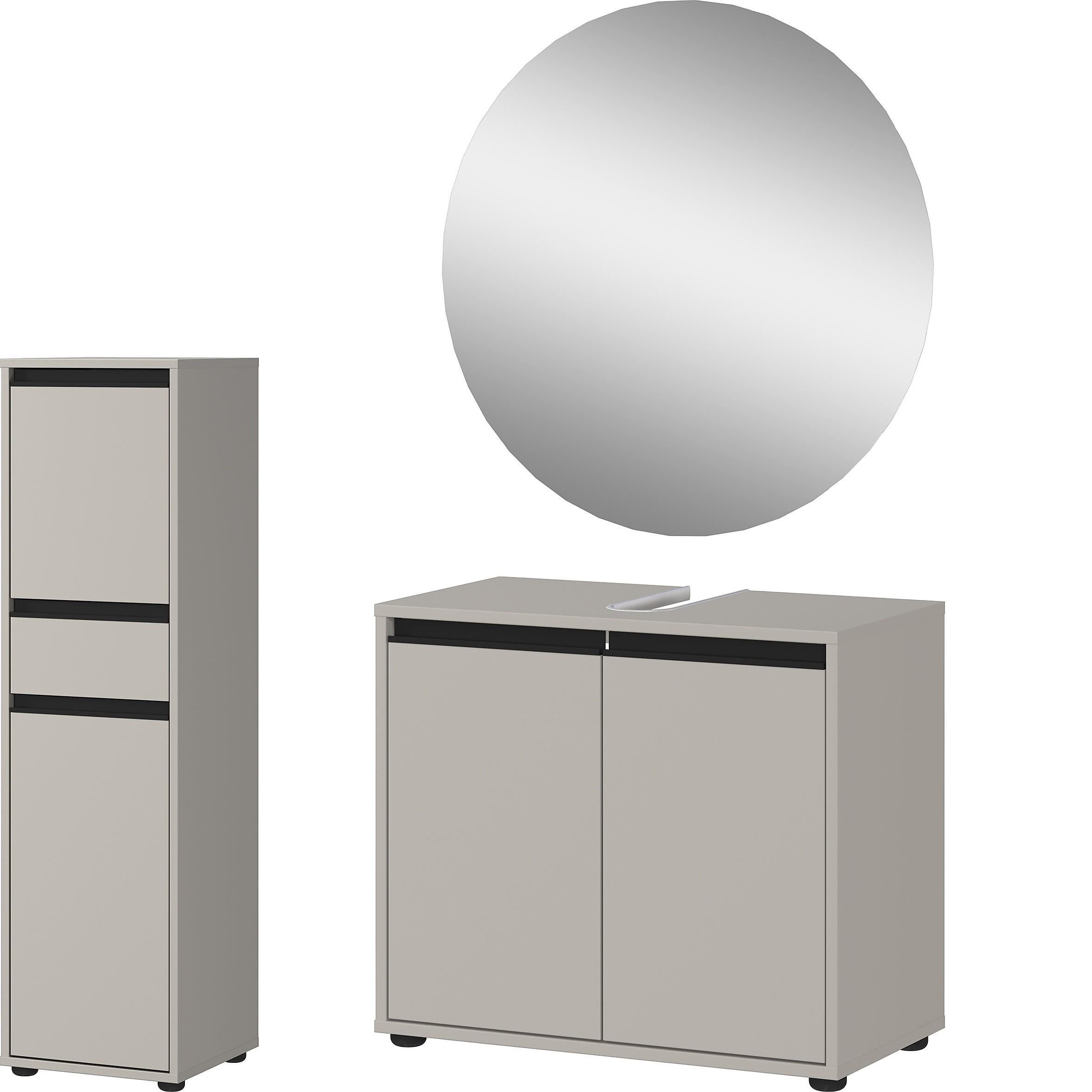 BADMÖBEL-SET HAMBURG 3-teilige | Unterschrank, Midischrank, Runder Spiegel | Soft-Close & Matt | Steingrau - Grau, Holzwerkstoff (96/121/34cm) - KADIMA DESIGN