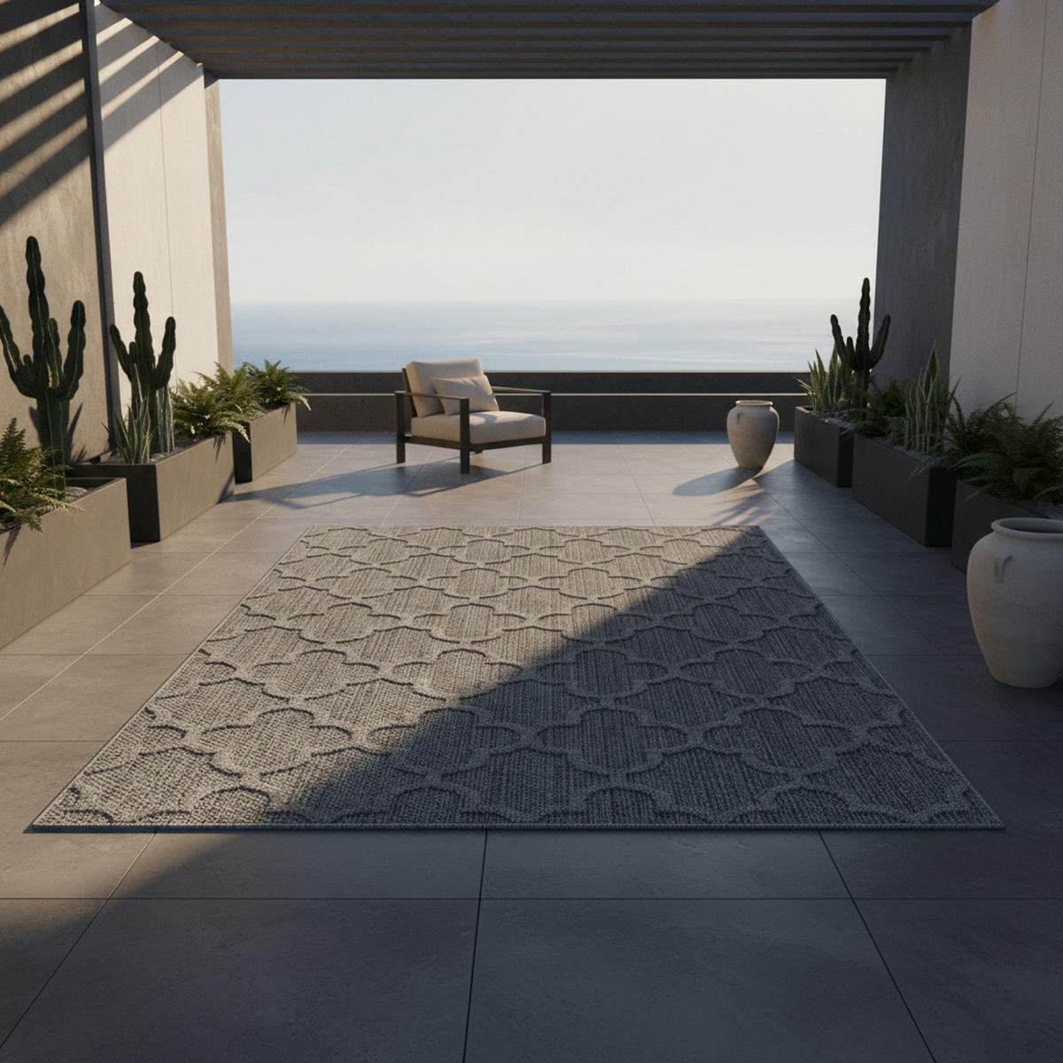 TEPPICH Outdoor Flachgewebe Skandi-Muster Polypropylen Balkon Grau Rechteckig 140x200 - Grau, Textil (140/200cm) - KADIMA DESIGN