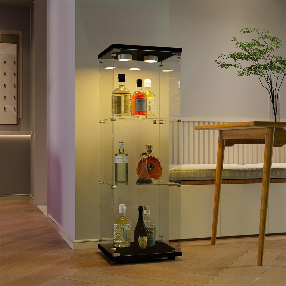 VITRINE - Glasvitrine mit 1 Tür und 3 Ebenen - integrierte LED-Beleuchtung - Schwarze Decken- und Bodenplatte - Schwarz, Glas (42/125/36cm) - DELFA