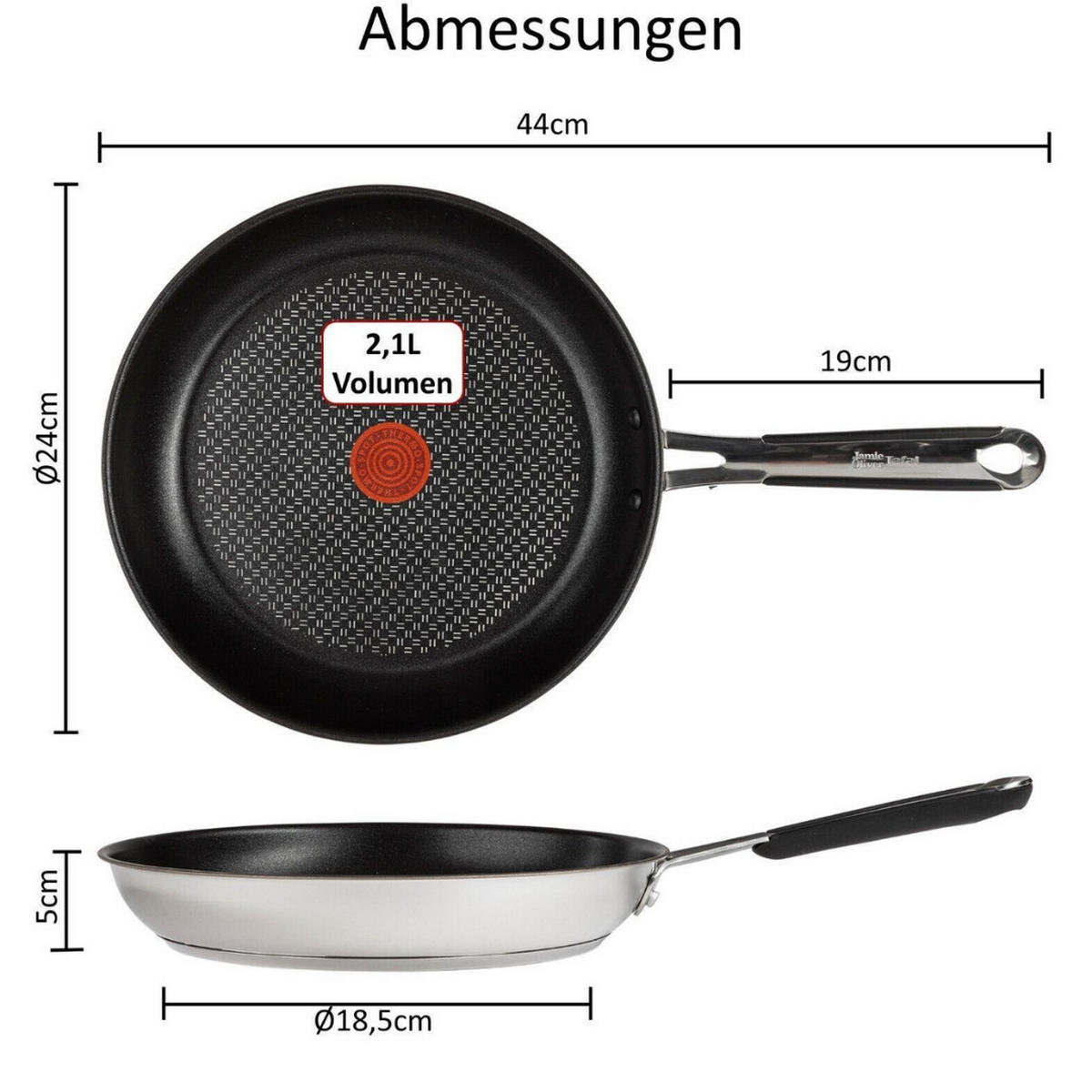 BRATPFANNE E30 Jamie Oliver 24 cm 3-tlg Set Edelstahl induktionsgeeignet Antihaft - Silberfarben/Schwarz, Kunststoff/Metall (24cm) - Tefal