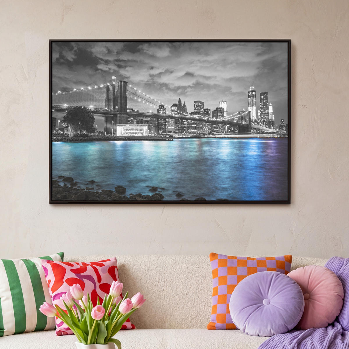 LEINWAND Bilder mit Rahmen - New York - Skyline - Stadt - Blau - 90x60 - Blaugrau, Textil (90/60cm) - MuchoWow