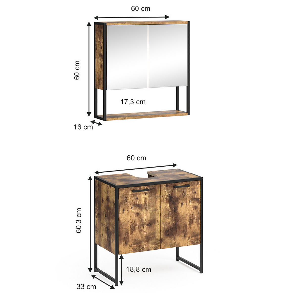 BADMÖBEL-SET Fyrk Antikholz 2 Teile, mit Spiegelschrank - Alteiche/Schwarz, Holzwerkstoff (60/60/33cm) - Vicco