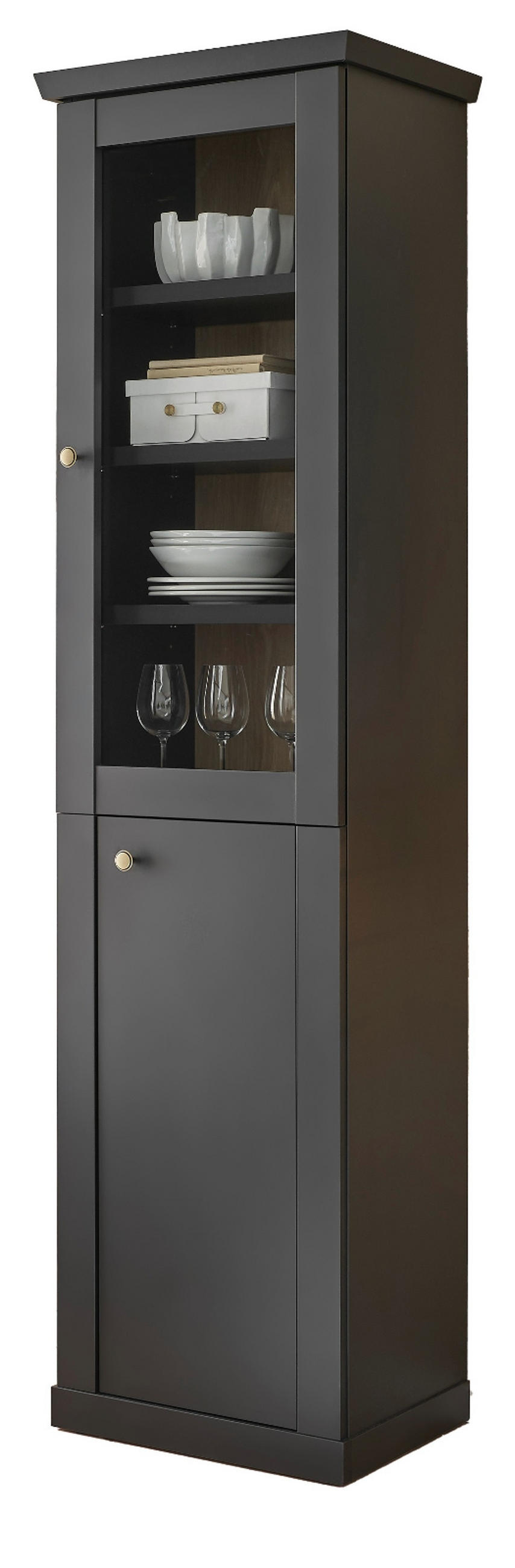 VITRINE schwarz matt, Eiche 55 cm, Vitrinenschrak Landhaus mit Soft-Close - Eichefarben/Messingfarben, Glas/Holzwerkstoff (55/200/39cm) - Furn.Design