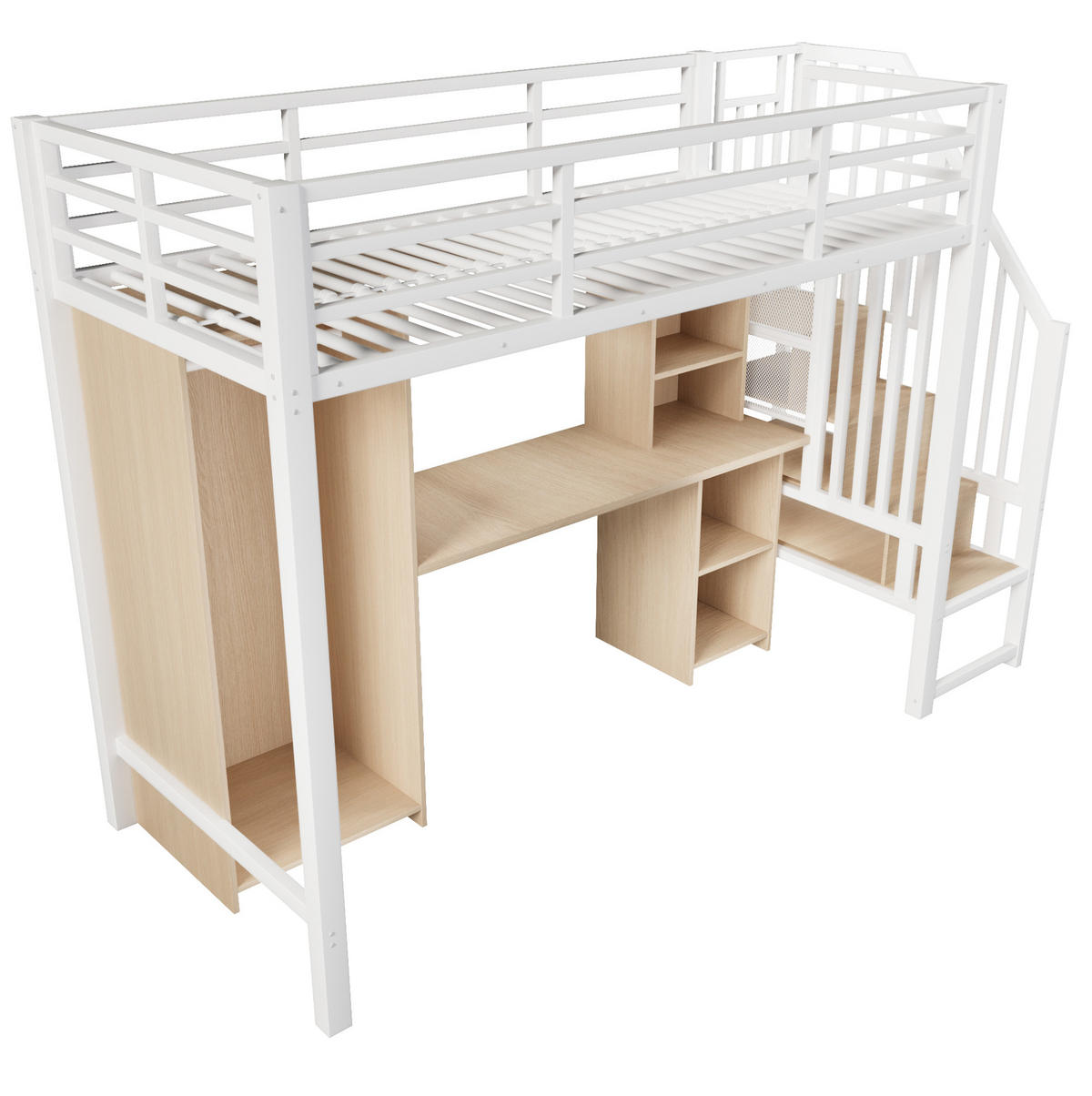 HOCHBETT aus Metall und MDF 90x200 cm Weiß mit Kleiderschrank, Schreibtisch und Stauraumstufen - Weiß, Metall (90/200cm) - Modfu
