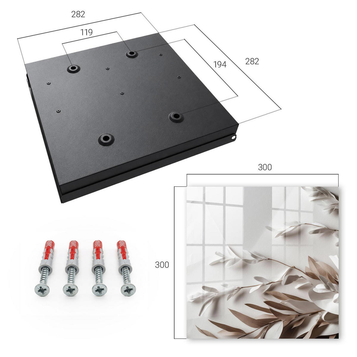 SCHLÜSSELBOX Schwarz 30x30 cm- Türöffnung nach rechts - Blätter der Eleganz - Weiß, Metall (30/30/5cm) - TULUP