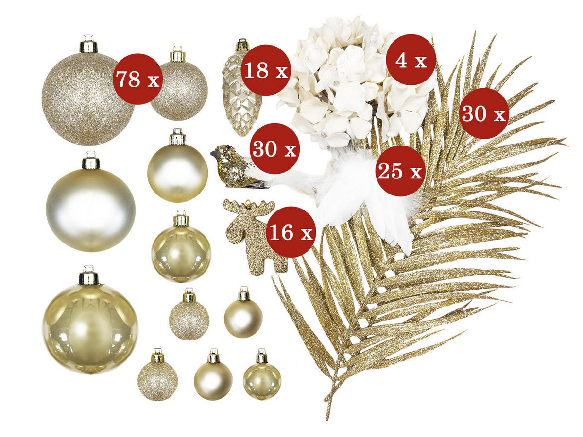 WEIHNACHTSBAUM künstlicher 240 cm, SAMTELEGANZ II, mit 203-teiligem Weihnachtsbaumschmuck, inkl. Metallständer und Aufbewahrungsbox - Champagner/Goldfarben, Kunststoff/Textil (137/240cm) - LAALU