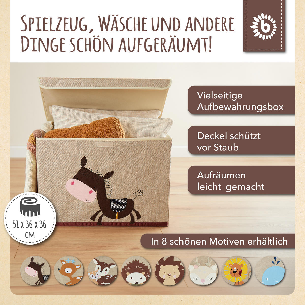 AUFBEWAHRUNGSBOX mit Deckel 65L, faltbar - Rotbraun/Beige, Textil (51/36cm) - Bieco Spielwaren