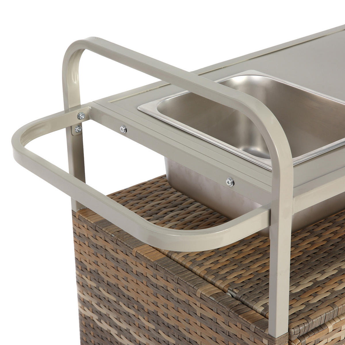 OUTDOOR-BARWAGEN 131 cm Beige Stahl & Rattan – Servierwagen mit Eisbehälter, Schrank & Lenkrollen - Beige, Metall (131/91/50cm) - Urban Meuble