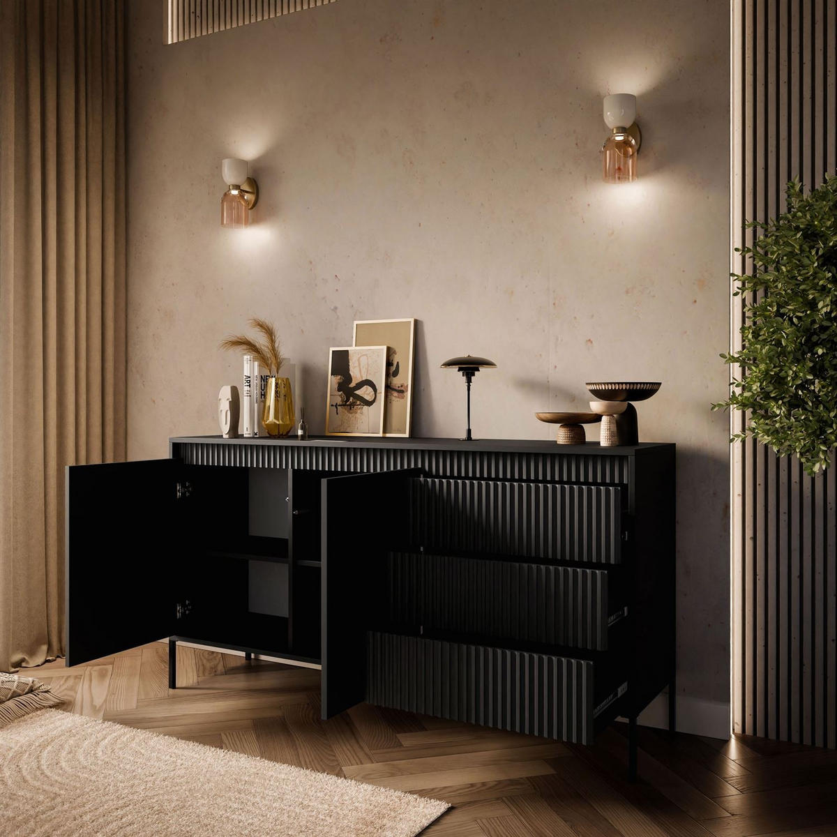 KOMMODE YASUMI 153 2D3S mit Schubladen schwarz matt - Schwarz, Holzwerkstoff (153.5/81.4/39.4cm) - Lookway