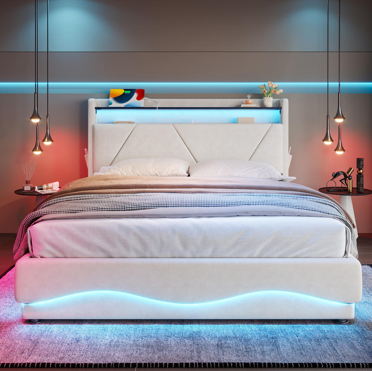BETT mit Stauraum und LED 160x200 cm Samt Beige - Beige, Metall (160/200cm) - Meubliv