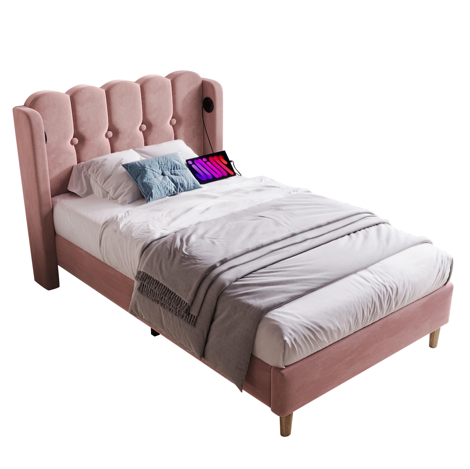 OKWISH ČALOUNĚNÁ postel 90/200 cm růžová ze sametu s USB-C nabíjením a matrací