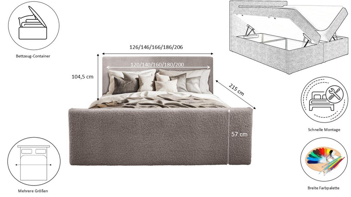 BOXBETT mit Bettkasten und Topper LAMM Stoff Sven Beige 200x200 cm H2-Pocket - Beige, Holzwerkstoff (200/200cm) - Kaiser Möbel