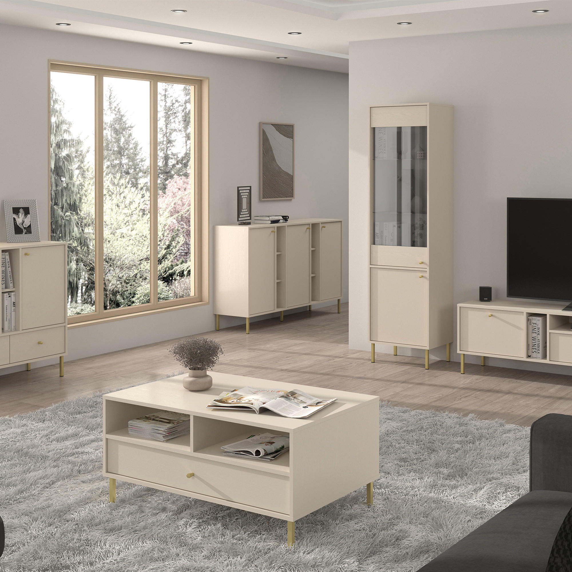 KAFFEETISCH FLOREN, Creme/Gold - Creme, Holzwerkstoff/Metall (65/100.2/50cm) - KONSIMO®