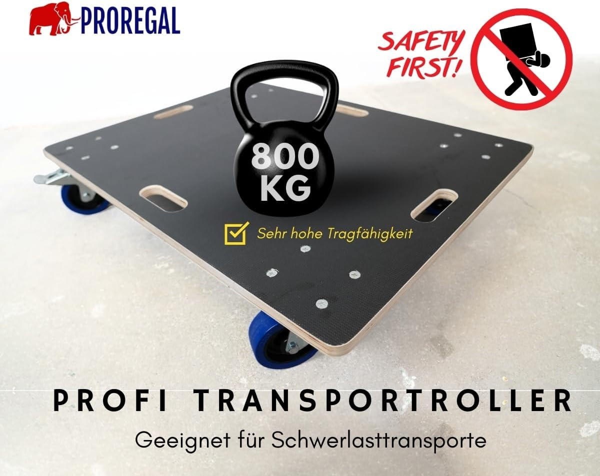 TRANSPORTROLLER mit 4 Rollen 2 Stück 16x80x60cm Traglast 800kg Siebdruck Holzplatte Schwarz - Schwarz, Metall (60/80/16cm) - PROREGAL