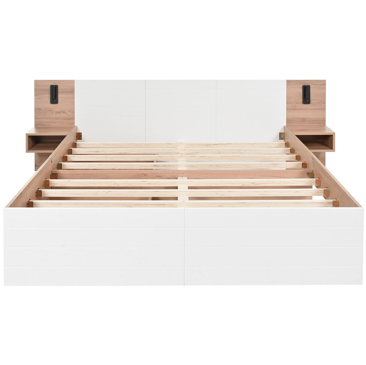 DOPPELBETT 180/200 cm mit Leselicht, USB-Anschluss, 2 Schubladen und 2 Nachtkommoden, Weiß/Eiche - Weiß, Holzwerkstoff (180/200cm) - Redom