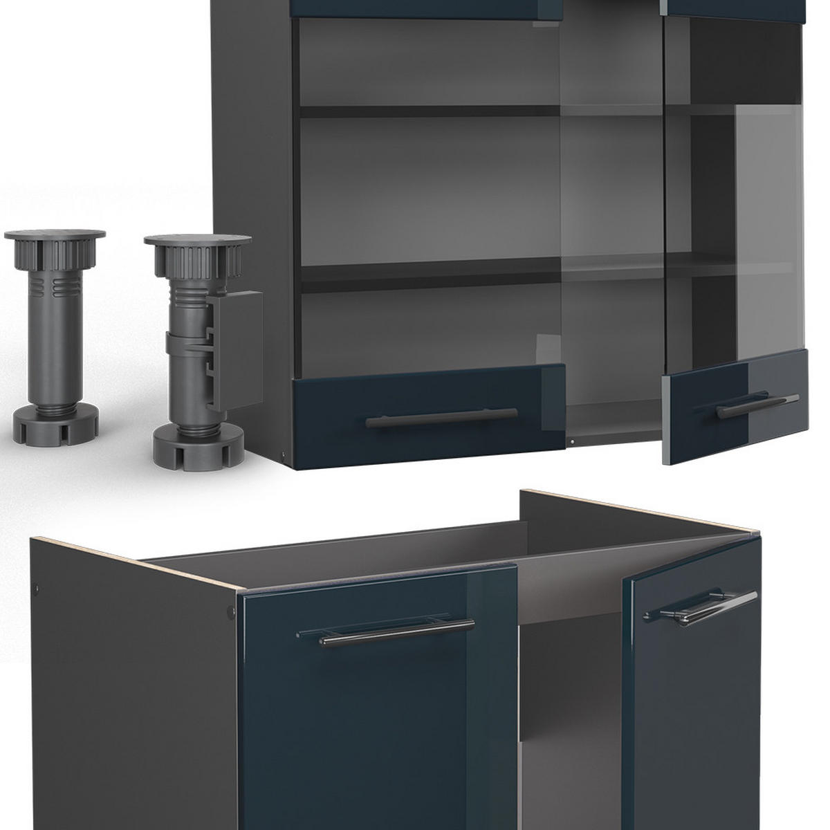 KÜCHENZEILE Fame-Line Dunkelblau Hochglanz/Anthrazit 240 cm, AP Eiche - Anthrazit/Dunkelblau, Holzwerkstoff (240/81.6/60cm) - Vicco