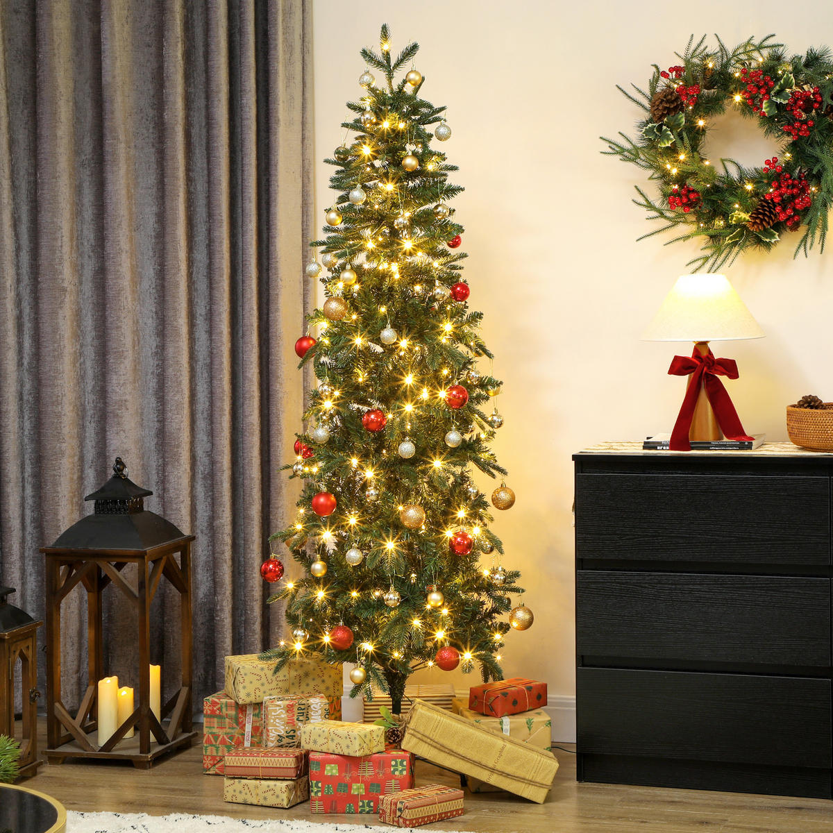 WEIHNACHTSBAUM künstlich 180 cm Christbaum mit 605 dichten Zweigen, 200 LED - Grün, Kunststoff (180cm) - HOMCOM