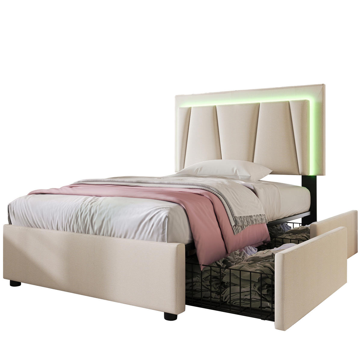 POLSTERBETT 90/200 cm Beige aus Holz mit LED und 2 Schubladen mit Matratze - Beige, Holzwerkstoff (90/200cm) - OKWISH