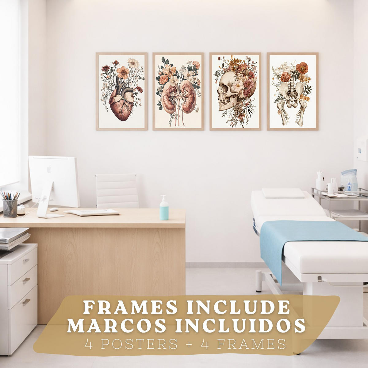POSTER Set aus 4 Anatomie Drucke und Wandbilder mit Herz Nieren Schädel und Becken Botanischer Stil Wanddekoration Größe Leichter Holzrahmen A4 - Beige, Papier (21/29.7/3cm) - Nacnic