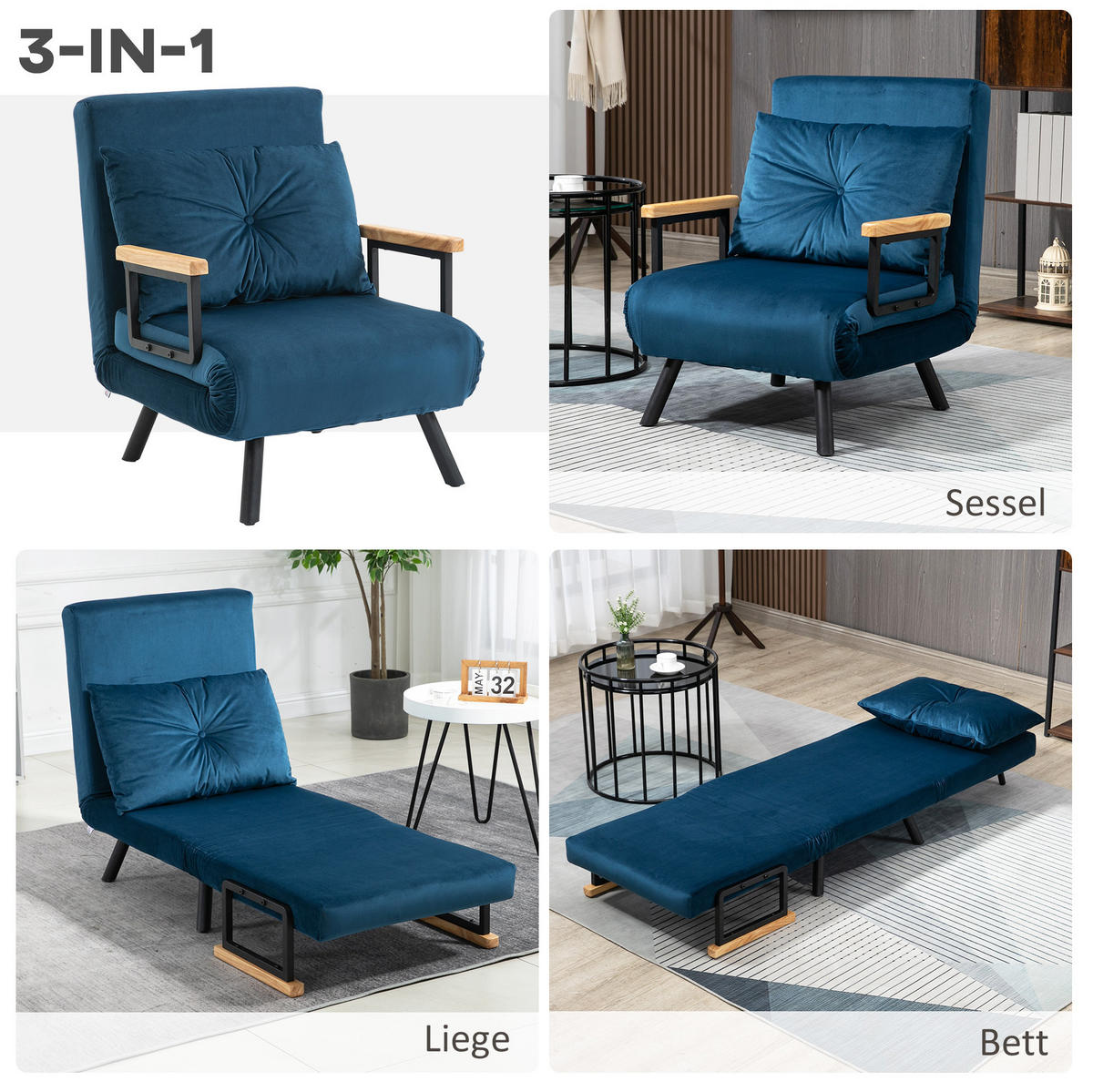 SCHLAFSESSEL 63/73/81 cm mit Liegefläche 63/185 cm – klappbar, 5-fach verstellbar - Blau, Textil (73/81/63cm) - BEAOK