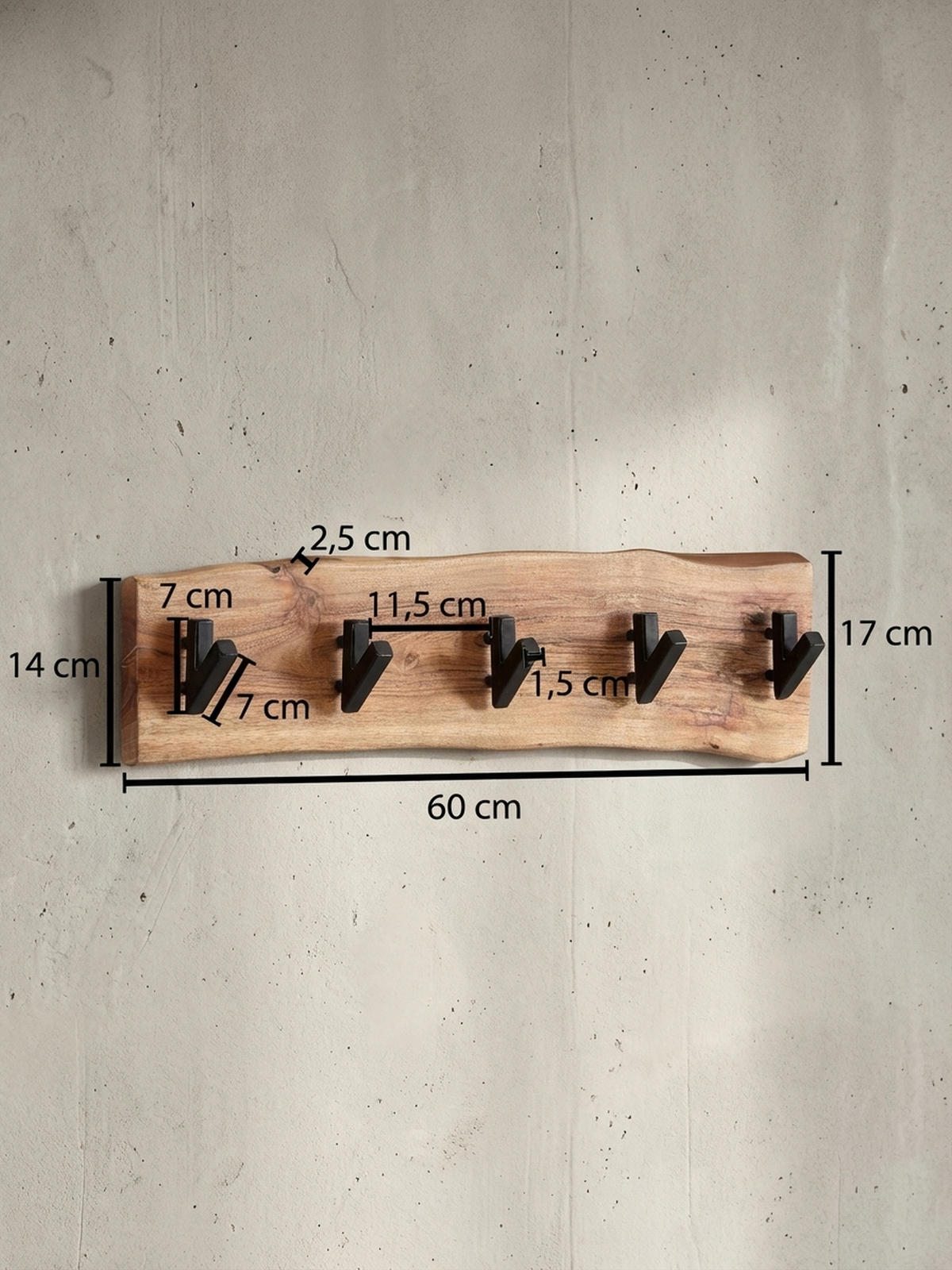 WANDGARDEROBE Akazie Massivholz Metall Modern 60x17x9 cm mit Naturkante - Beige, Holz (60/17/9cm) - KADIMA DESIGN