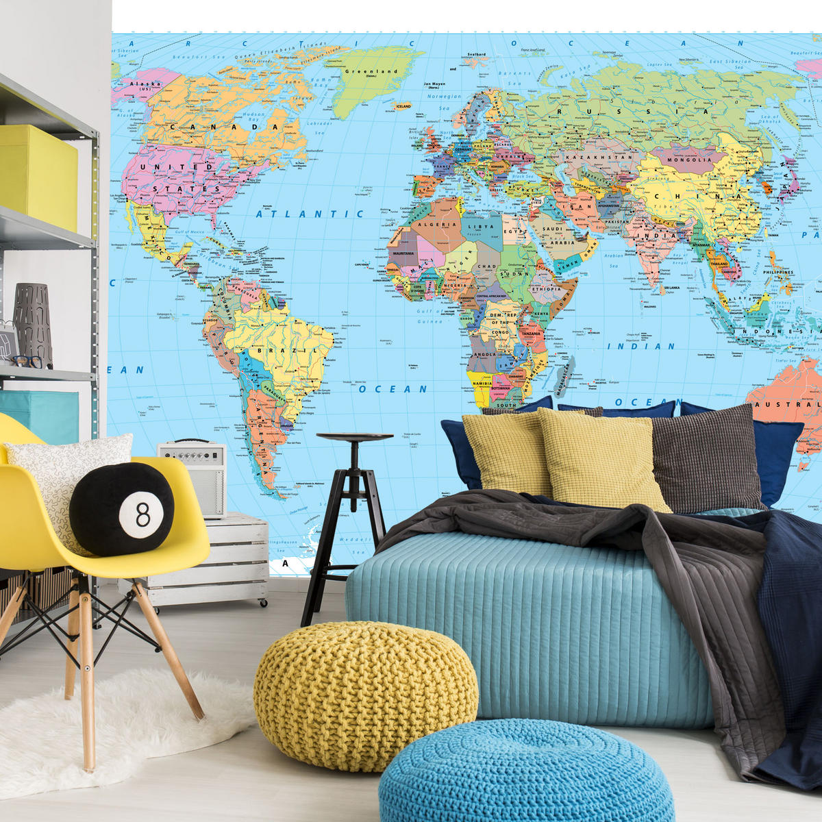 FOTOTAPETE für Wohnzimmer Politische Weltkarte Kontinente 200x140 - Gelb/Rosa, Papier (200/140cm) - Muralo