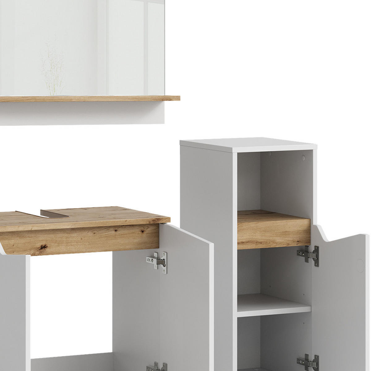 BADMÖBEL-KOMBINATION Marelle Weiß 3 Teile, mit Midischrank - Weiß/Eiche Artisan, Holzwerkstoff (60/57/35cm) - Vicco