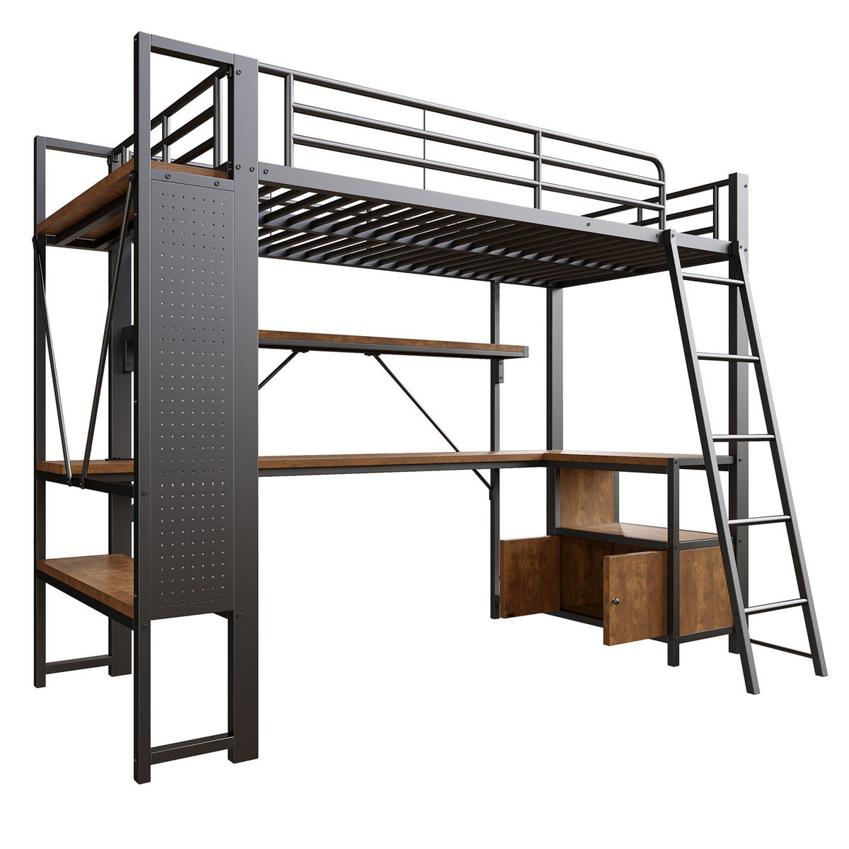 HOCHBETT 90/200 cm aus Metall mit Schreibtisch, LED-Beleuchtung und Stauraum - Schwarz, Metall (90/200cm) - Flora Grace