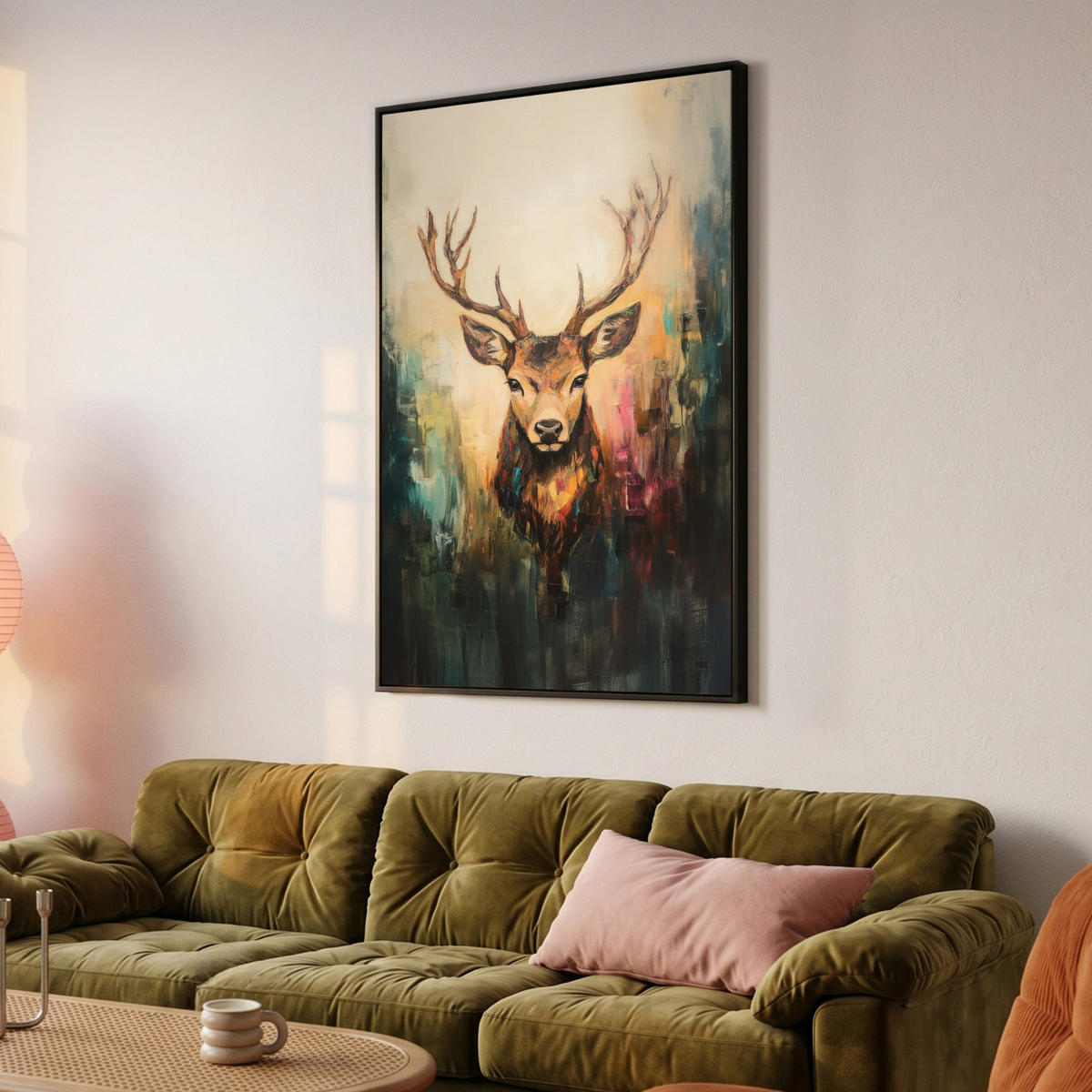LEINWAND Bilder mit Rahmen - Hirsch - Gemalt - Geweih - Braun - 100x150 - Haselnussfarben, Textil (100/150cm) - MuchoWow