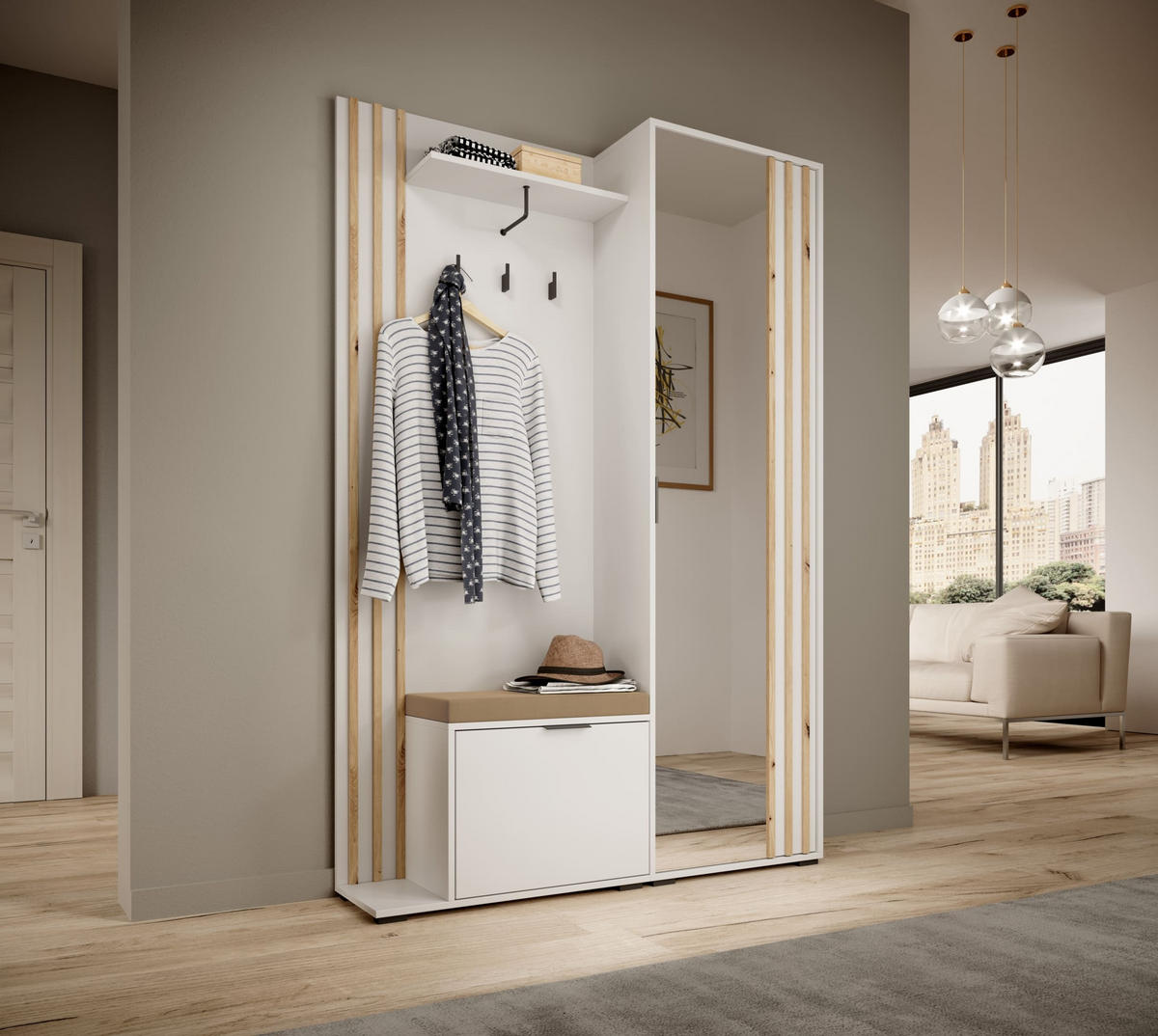 GARDEROBENSCHRANK - JOHN (Weiß + Mit Kissen) - Weiß, Holzwerkstoff (135/197/40cm)
