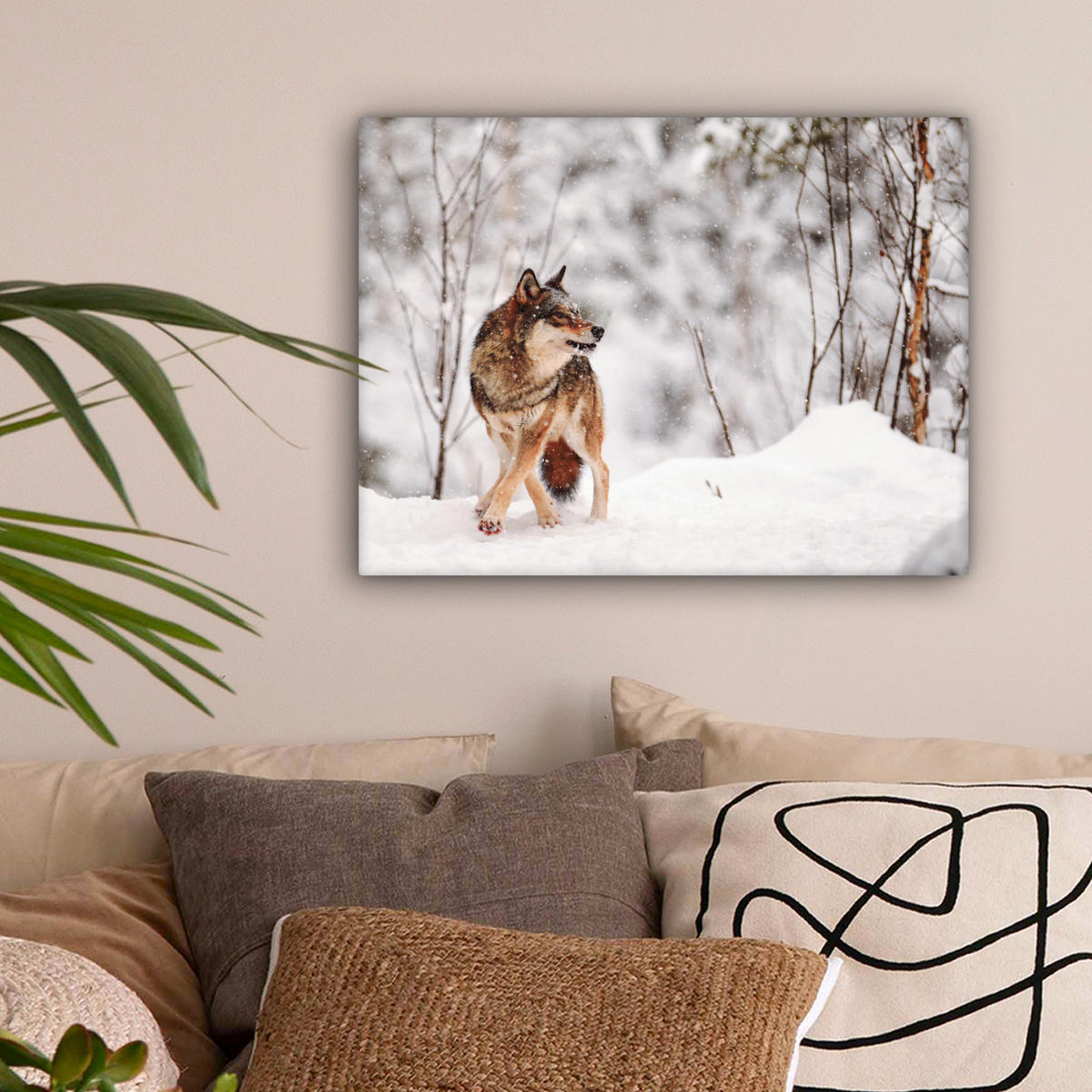 LEINWANDBILD Wolf - Winter - Schnee - Natur - Tiere Wandbild 40x30 cm - Haselnussfarben, Textil (40/30cm) - MuchoWow