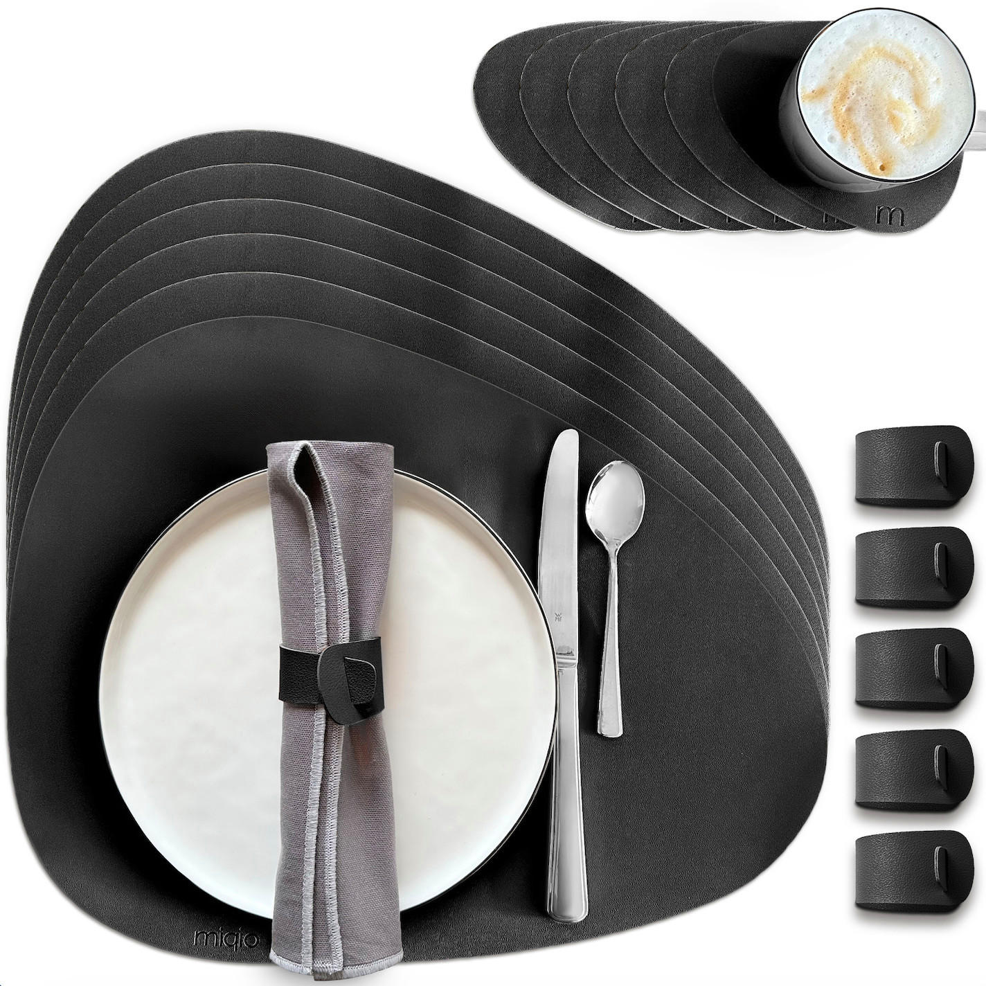 TISCHSETS aus Kunstleder Steinform 18 Teile - Schwarz, Textil (40/32/3cm) - Miqio Design