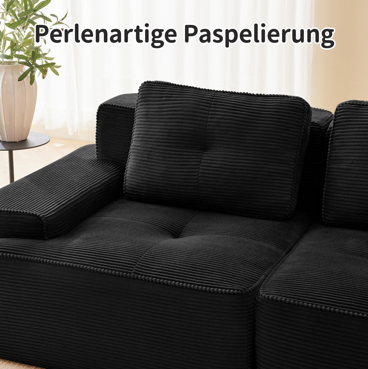 POHOVKA z manšestru v čiernej farbe s hĺbkou sedáka 74 cm - čierna, textil (104/69/293cm) - Flora Grace