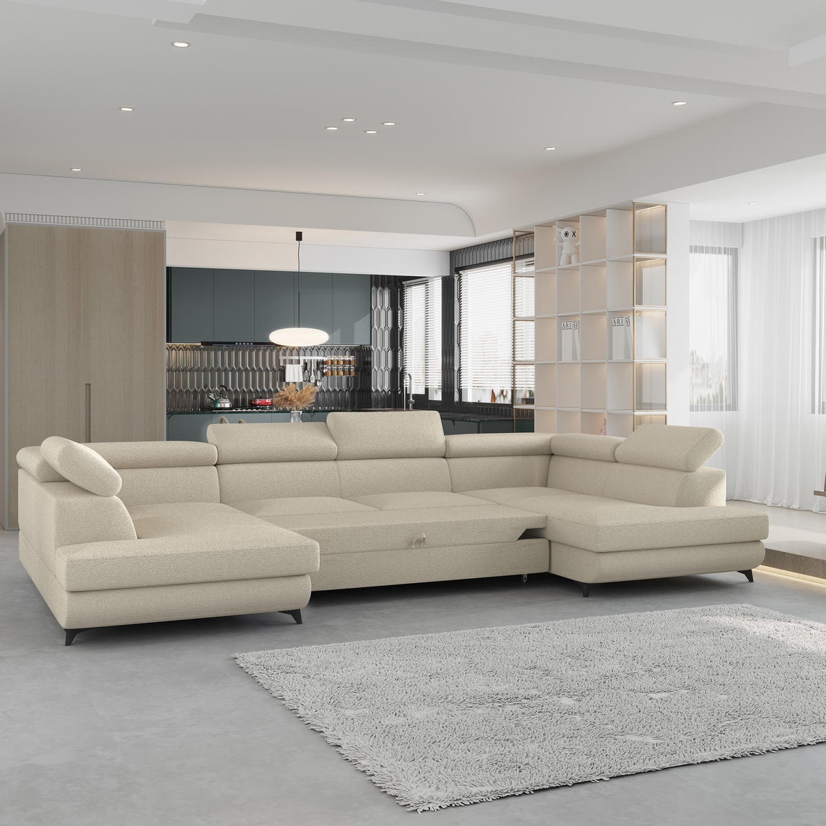 WOHNLANDSCHAFT VINTESSA Creme Boucle-Stoff mit Schlaffunktion - Creme, Holz (323/89/190cm) - MASSENO