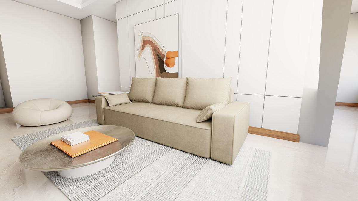 SOFA Veno mit Bettkasten und Schlaffunktion, Velourstoff - Cappuccino, Holzwerkstoff (242/85/95cm)