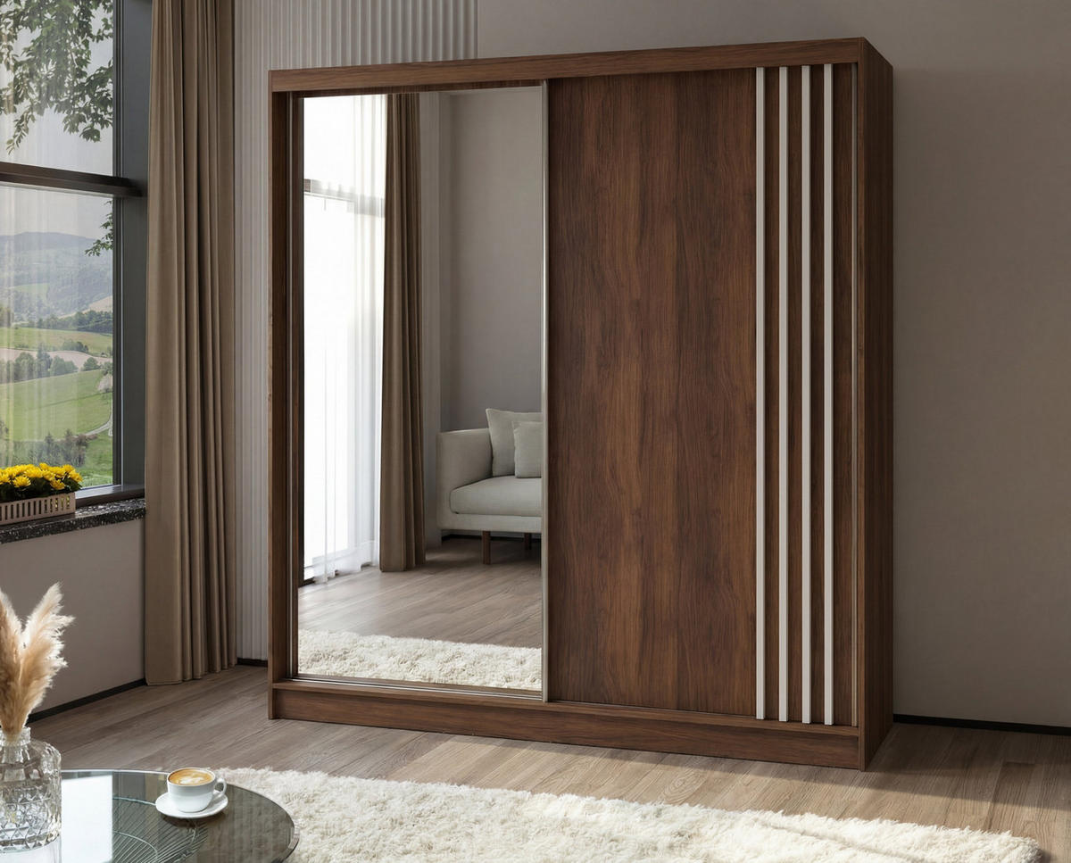 SCHWEBETÜRENSCHRANK NELVIA 200/216/61 cm Modern Kleiderschrank 2-türig mit Spiegel Nussbaumfarben - Nussbaumfarben, Holzwerkstoff (200/216/61cm) - MASSENO