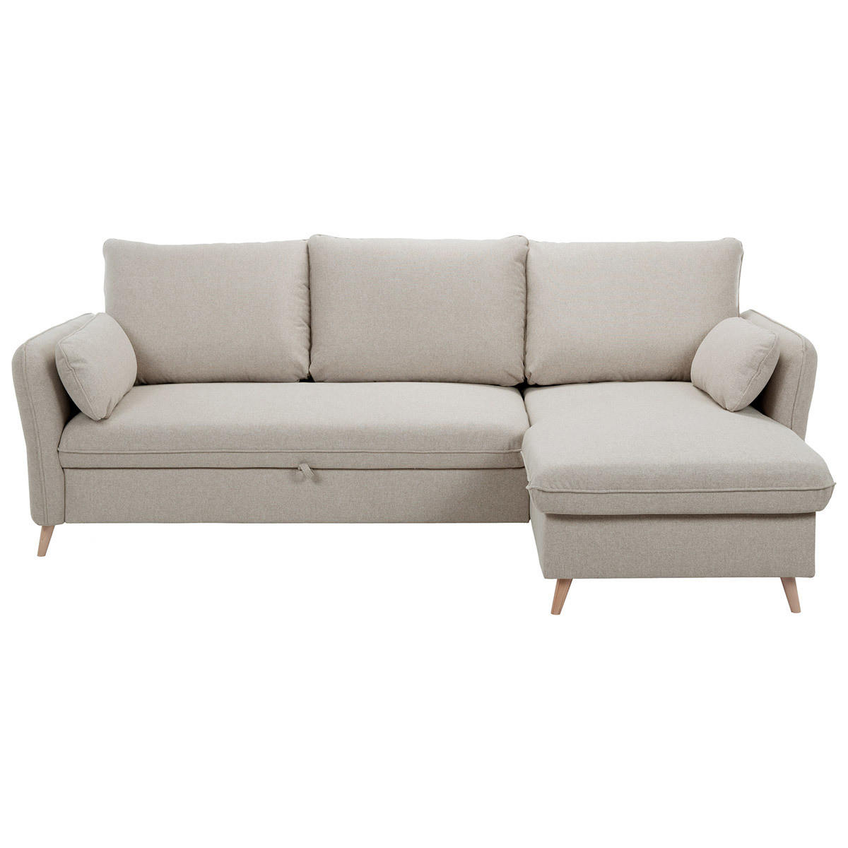 SCHLAF-ECKSOFA Stauraum 3/4-Sitzer Ozeanblauer Stoff Helles Holz DRISS - Beige, Textil (159.5/241cm) - Miliboo