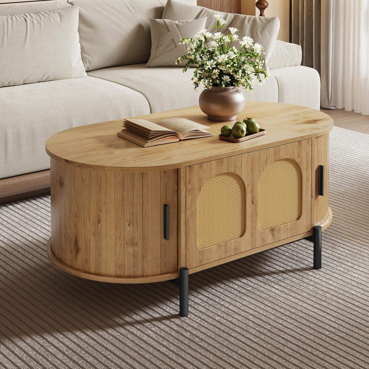 COUCHTISCH oval Rattan Holzoptik - Naturfarben, Holzwerkstoff (50/100/40cm)